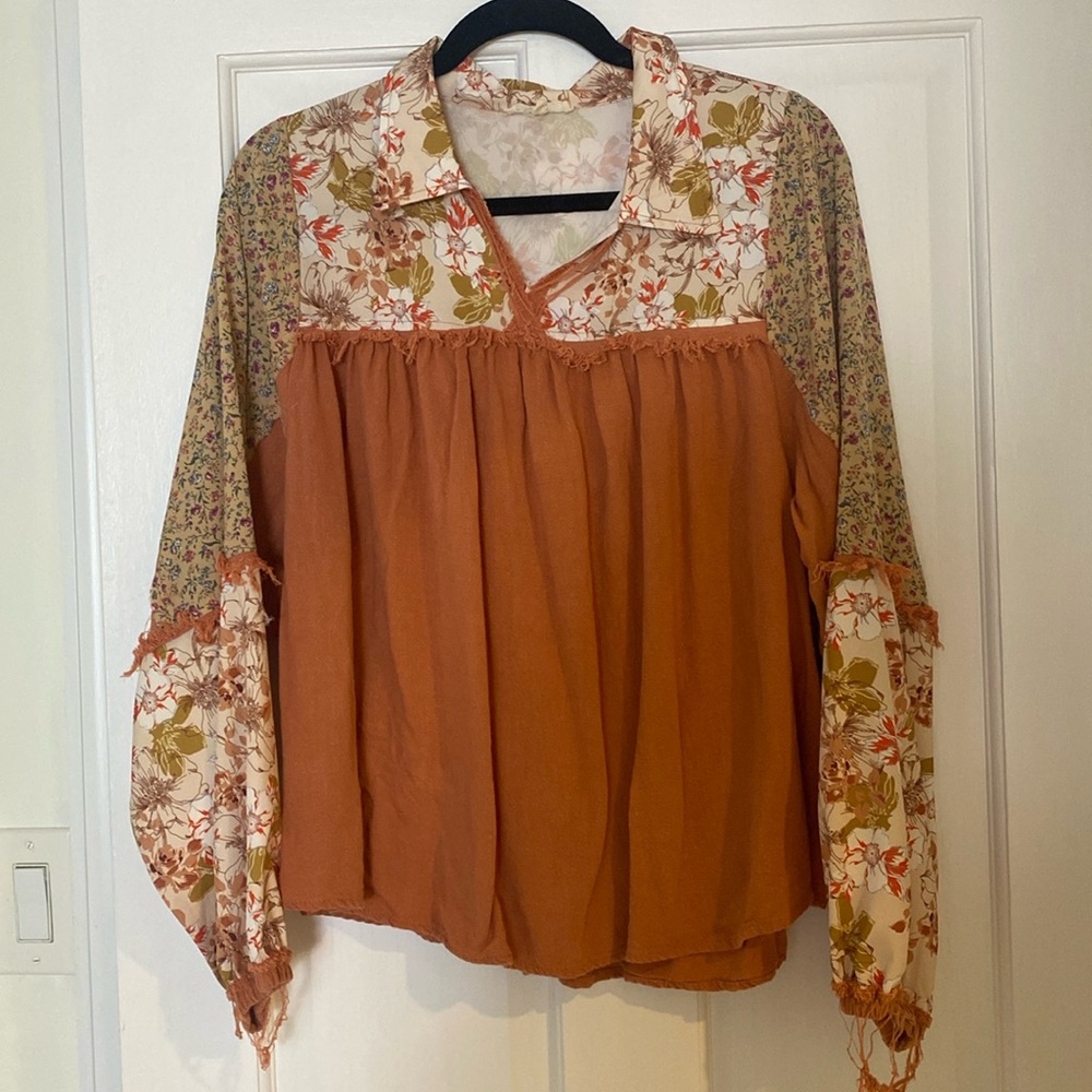 easel Floral Patchwork Rust and Olive Peasant Blouse